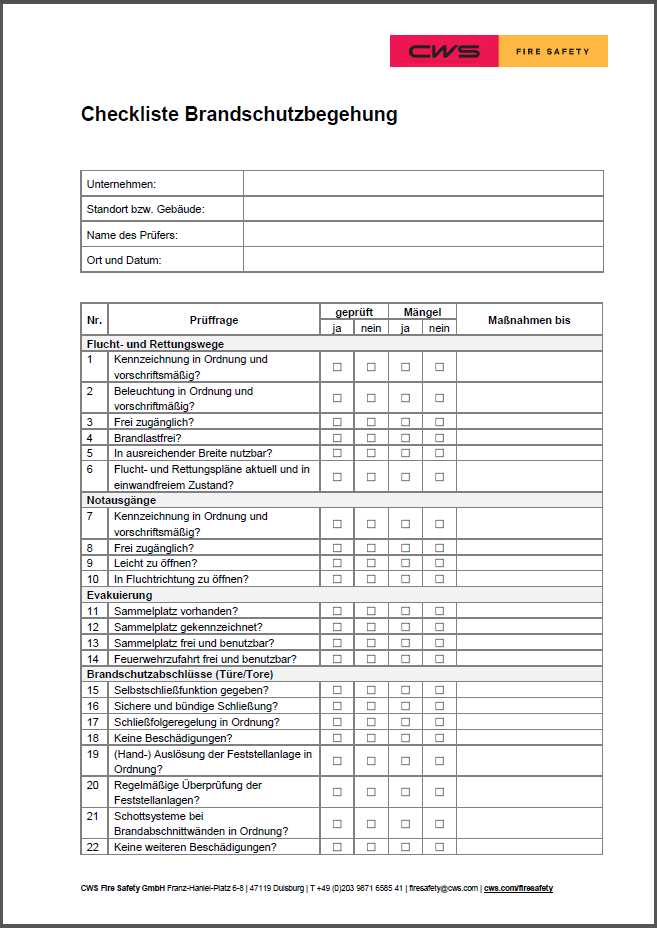 Checkliste Brandschutzbegehung CWS Fire Safety