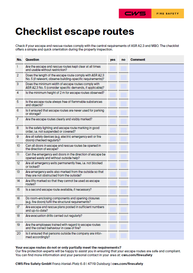 Checklist escape and rescue routes-CWS Fire Safety